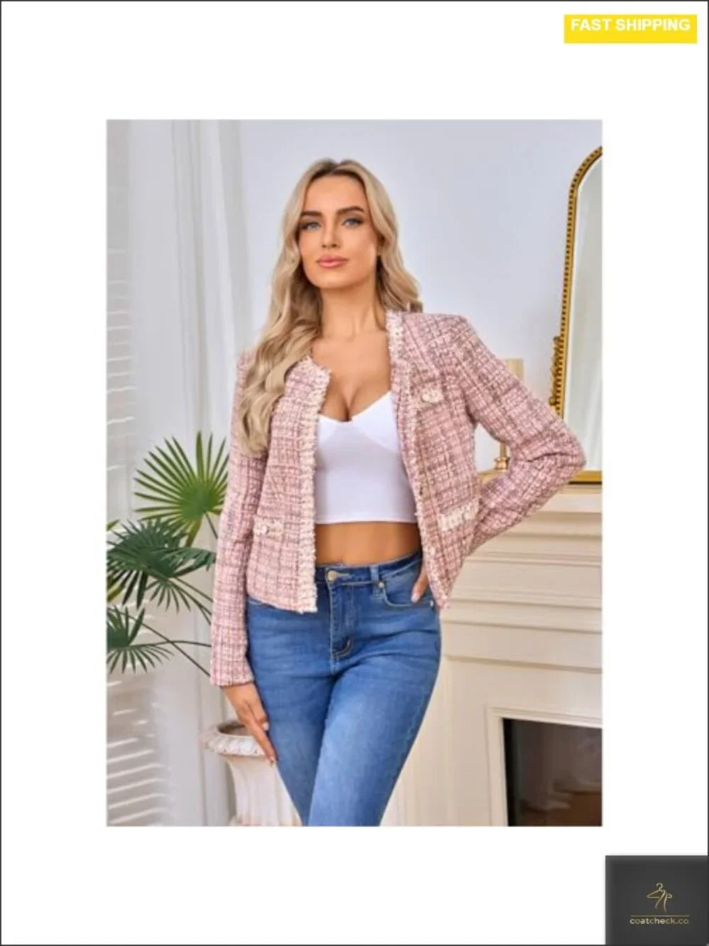 Women's Cropped Tweed Blazer Open Front Lace Trim Plaid Lightweight